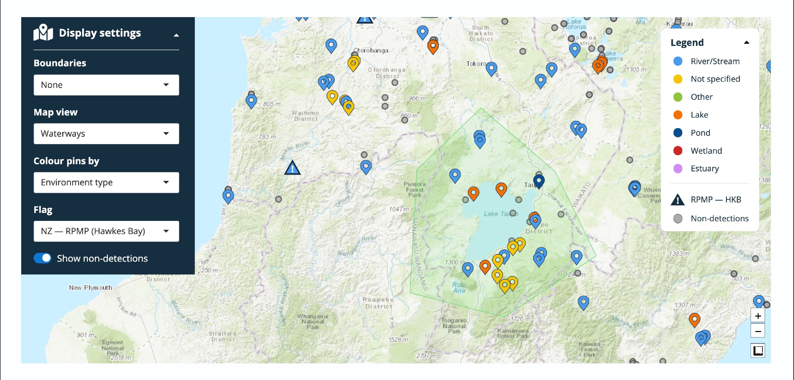 Screenshot of the Ripple sample map, which has a large number of available filters, and multiple colour-coded markers.