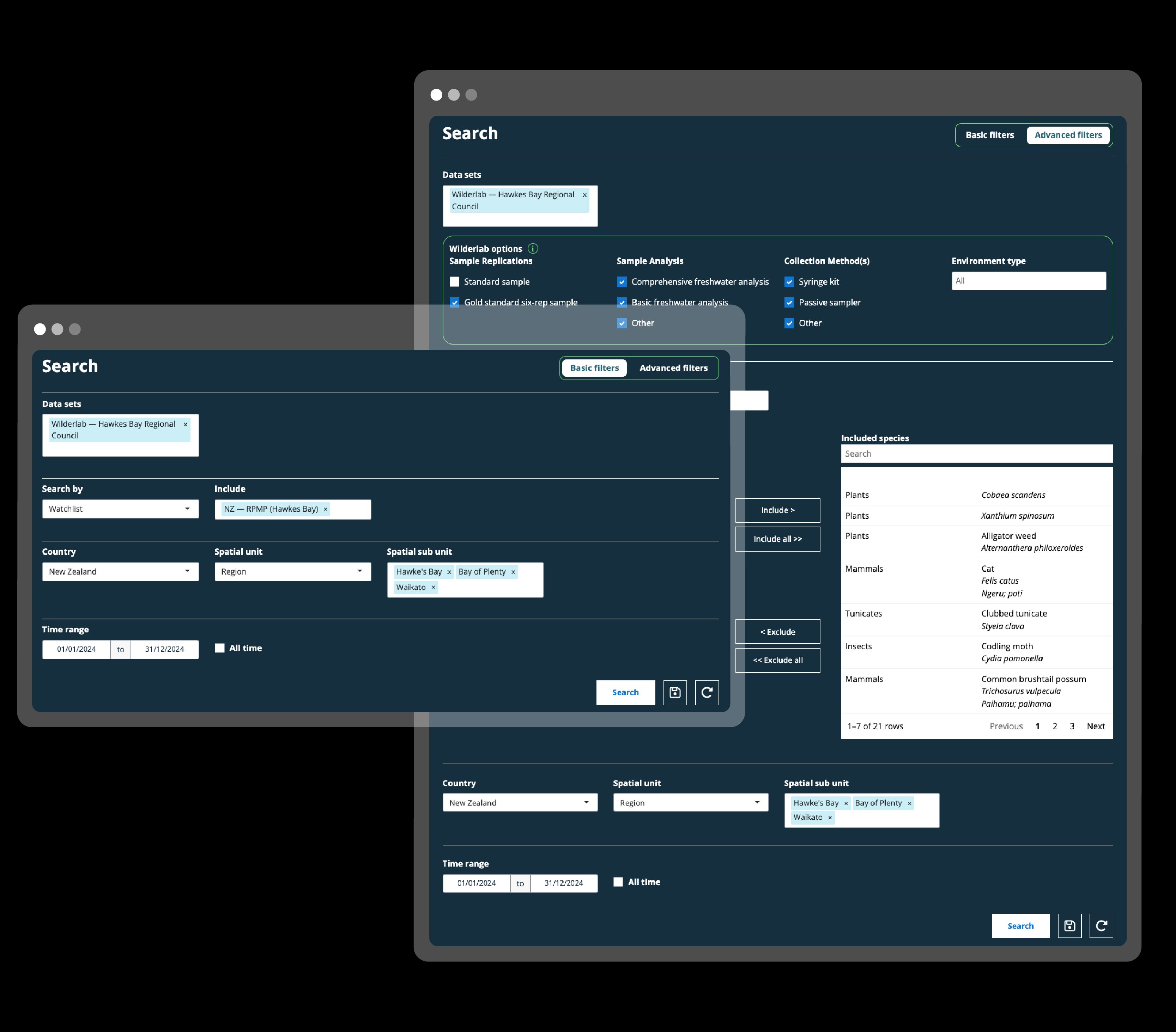 The Ripple search interface, which allows users to configure a large number of variables to filter eDNA data.