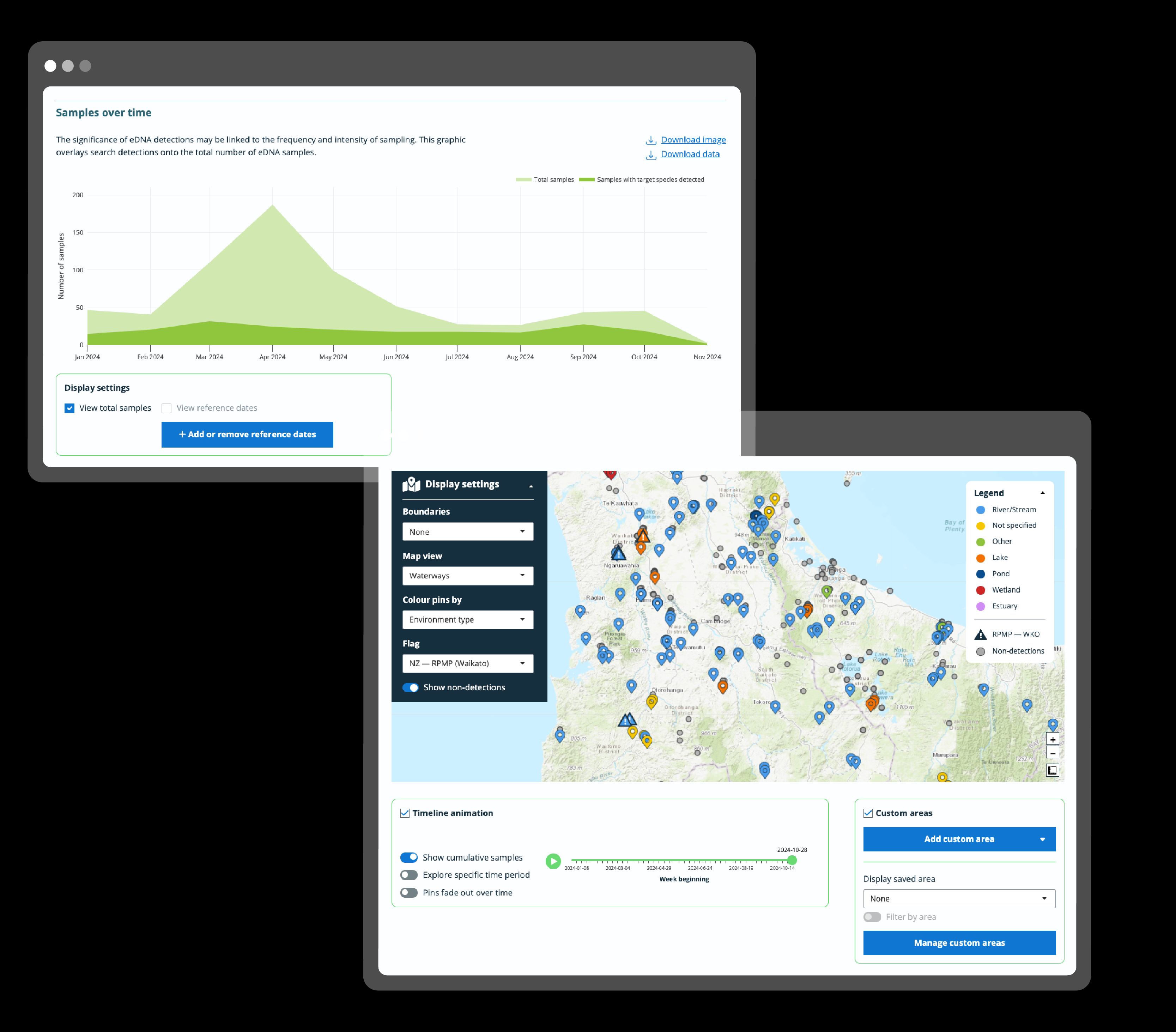 Two data visualisations that are generated automatically within Ripple. Specifically, showing sample locations on a map, and showing the sample detections over time.